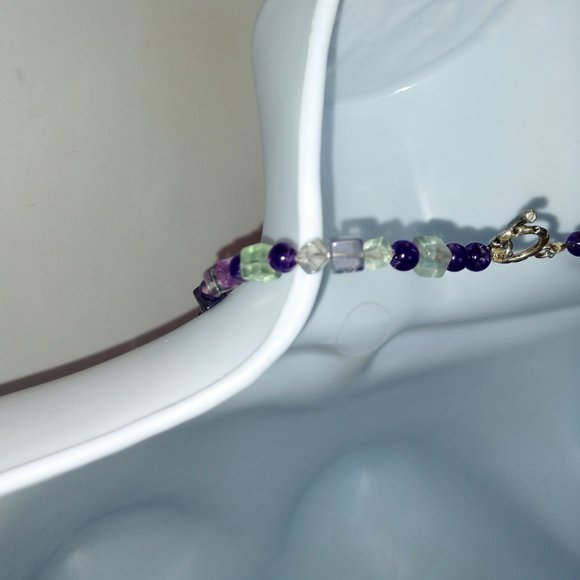 Handmade Beaded Statement Necklace with Fluorite and Amethyst Beads Purple Green - Picture 12 of 12